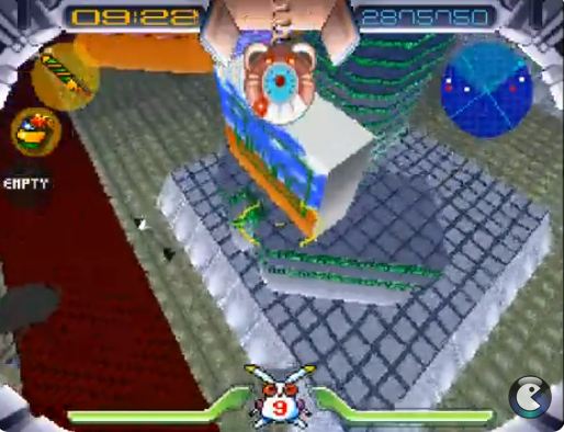 A screenshot of Jumping Flash, with the player in the air.